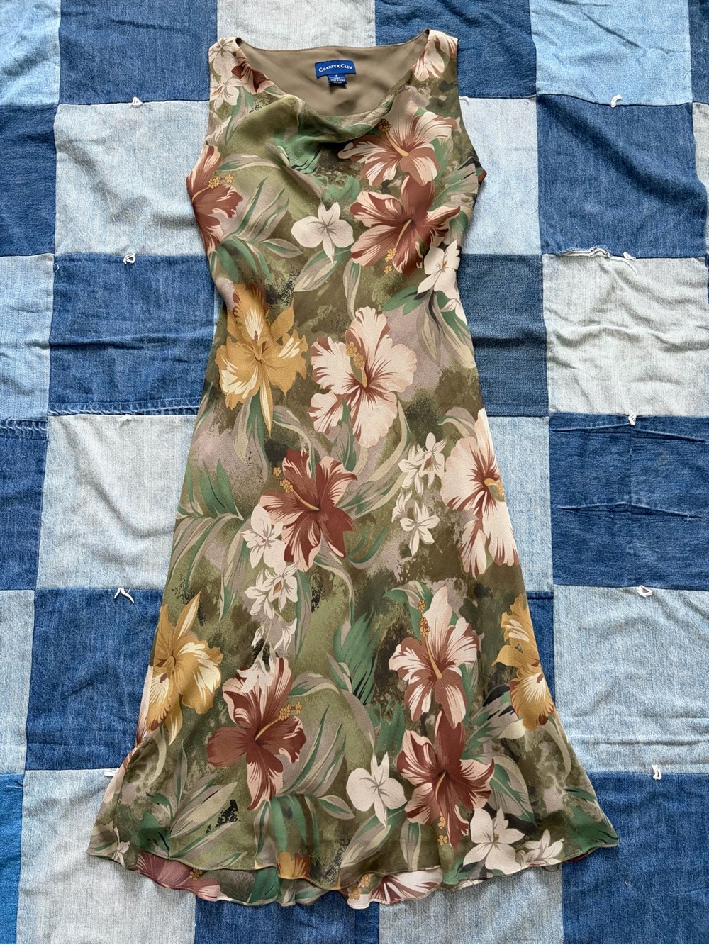 100% Silk Charter Club Midi Dress Cowl Neck Green Tan Floral Hibiscus Size 4